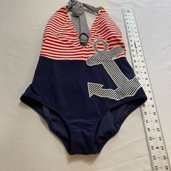 Retro Nanette Lepore One Piece Nautical Sailing Stripped Womens Swimsuit Large - Picture 3 of 7